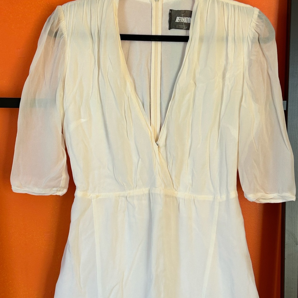 Reformation White Silk Mini Dress | Deep V-Neck Flowy Romantic Dress - Picture 3 of 6